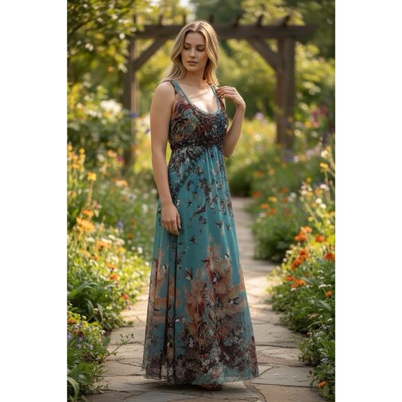 John Paul Gaultier Soleil Maxi Dress M Floral Birds Mesh Sleeveless Smocked Y2K - Picture 1 of 16